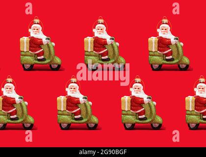 Pattern of Santa Claus Christmas ornaments against vibrant red background Stock Photo
