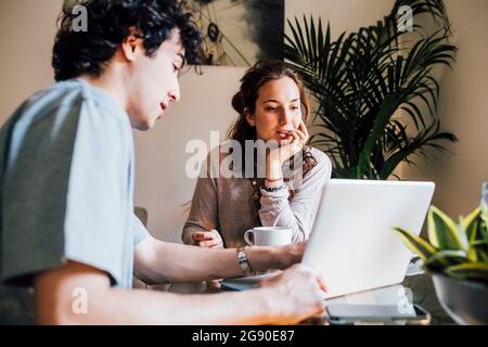 Couple working on laptop together at home Stock Photo