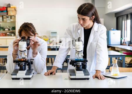 Young female scientist looking at mature colleague analyzing through microscope in laboratory Stock Photo