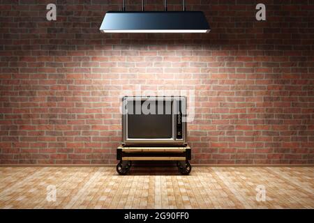 Three dimensional render of old-fashioned television set standing in empty room with brick wall