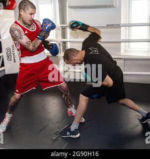 Two Ukrainian boxers square it off in the newly open boxing gym Versus, with the boxing popularity in the country rising and many new gyms opening Stock Photo