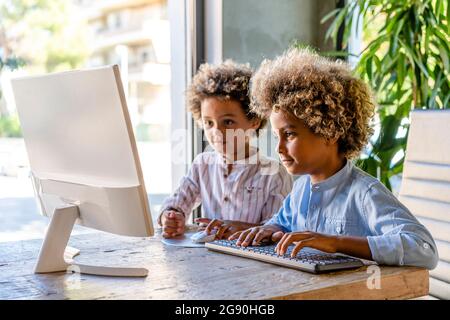 Boys playing video game on computer at home Stock Photo