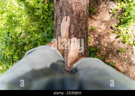 Man walking on fallen tree Stock Photo