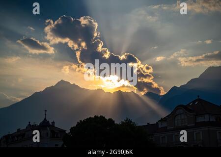 Scenic view of mountain during sunset Stock Photo