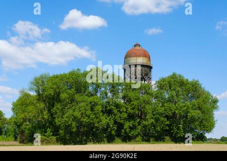 Water tower behind trees at Dortmund, North Rhine Westphalia, Germany Stock Photo