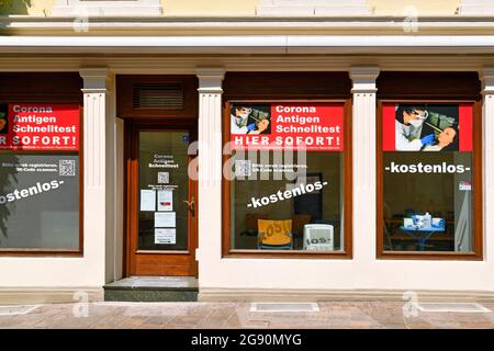 Baden-Baden, Germany - July 2021: Closed shop used for antigen rapid test for detection of Corona Virus Stock Photo