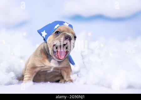 Tired yawning French Bulldog puppy with nightcap between fluffy clouds and stars