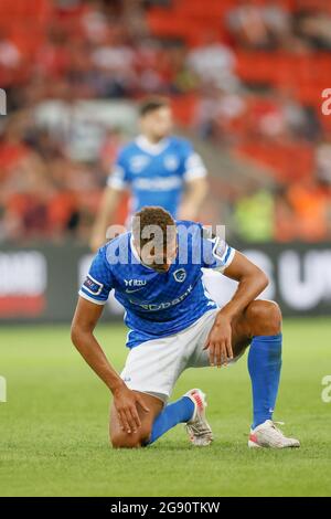 Genk's Cyriel Dessers reacts during a soccer match between Standard de Liege and KRC Genk, Friday 23 July 2021 in Liege, on day 1 of the 2021-2022 'Ju Stock Photo