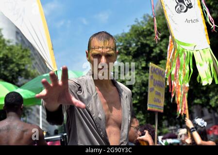 Brazil – February 16, 2020: A man dressed as Frankenstein’s creature was one of the many costumed revelers seen during the Carnival in Rio de Janeiro. Stock Photo