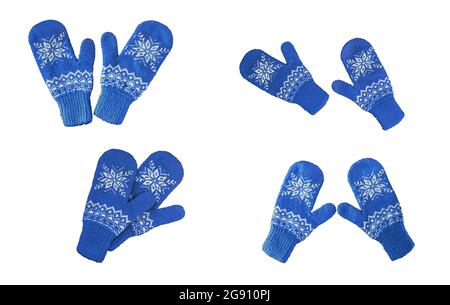 pair of blue knitted mittens with christmas pattern isolated on white background. Collage of different mittens. Stock Photo