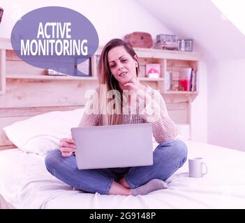 Hand writing sign Active Monitoring. Business concept person incharge go out and check workplace conditions Reading Interesting Articles Online Stock Photo