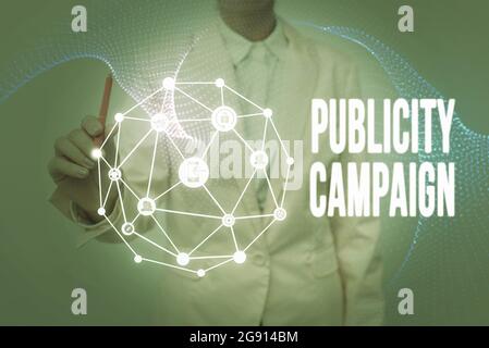 Text caption presenting Publicity Campaign. Word for an effort to convey essential information to the public Lady In Uniform Holding Tablet In Hand Stock Photo