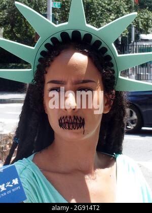 July 23, 2021, New York, New York, USA: Cuban Americans Rally in front of the United Nations building in New York City. Protestors cover themselves in blood to protest the Human rights violations on the cuban people. (Credit Image: © Bruce Cotler/ZUMA Press Wire) Stock Photo