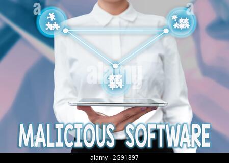 Inspiration showing sign Malicious Software, Word Written on the software that brings harm to a computer system Lady Uniform Standing Tablet Hand Pres