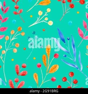 Seamless raster watercolor pattern. Floral ornament made of branches and leaves of different shapes and colors. Plant branches with leaves and berries in the green background. Stock Photo