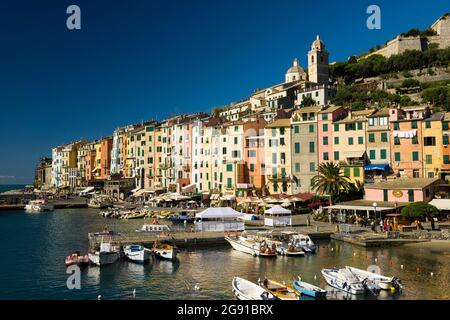 Colourful row of houses at the harbour, Portovenere, Cinque Terre, province La Spezia, Riviera di Levante, Liguria, Italy, Europe Stock Photo