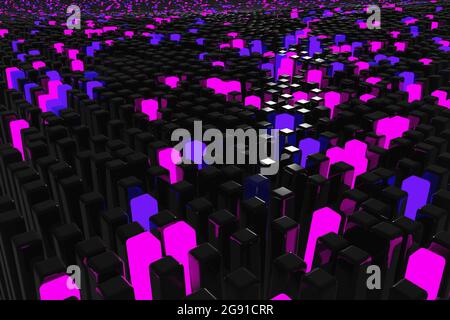 3d technological hologram, science hud interface element. Abstract waving surface from many glowing particles, connection background. Stock Photo