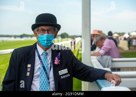 Ascot, Berkshire, UK. 23rd July, 2021. One of the Ascot Stewards wears a face mask whilst working at Ascot Races. Credit: Maureen McLean/Alamy Stock Photo