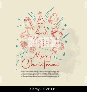 Big set of Christmas design doodle elements with Merry Christmas and New Year Lettering Stock Vector