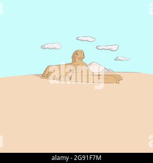 Egyptian Great Sphinx full body portrait against blue sky and pyramids hand drawn with black lines isolated on white background illustration vector Stock Vector