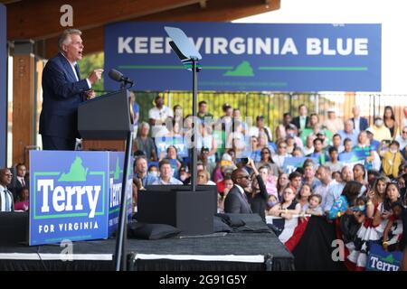 Arlington, USA. 23rd July, 2021. Virginia gubernatorial candidate Terry McAuliffe speaks during a campaign event at Lubber Run Park, Arlington, Virginia on Friday, July 23, 2021 in Washington, DC.(Photo by Oliver Contreras/SIPA USA) Credit: Sipa USA/Alamy Live News Stock Photo