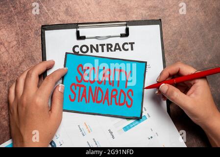 Text showing inspiration Security Standards. Conceptual photo the scope of security functions and features needed Writing Notes And Important Ideas Stock Photo