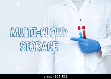 Text caption presenting Multi Cloud Storage. Word for use of multiple cloud computing and storage services Chemist Presenting Infection Cure, Doctor Stock Photo