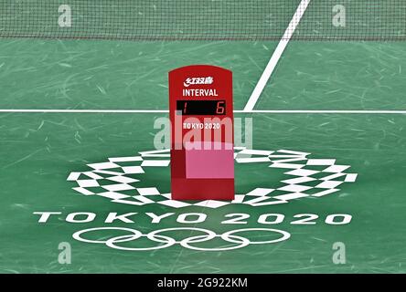 Tokyo, Japan. 24th July, 2021. Badminton. Musashino Forest Sport Plaza. 290-11. Nishimachi. Chofu-shi. Tokyo. The break timing board on the court. Credit Garry Bowden/Sport in Pictures/Alamy live news Credit: Sport In Pictures/Alamy Live News Stock Photo
