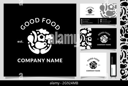 Circle food assortment concept, minimalism logo template with business card and seamless pattern elements isolated on white background Stock Vector