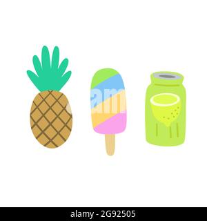 Cute cartoon pineapple, ice cream and soda can isolated on white background.  Stock Vector
