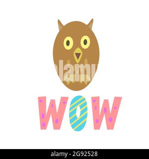 Funny cute surprised owl with wow word in handwritten style.  Stock Vector