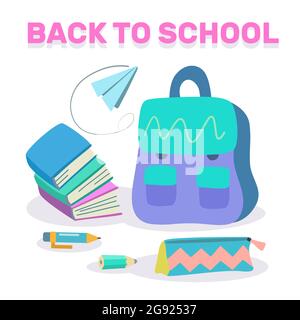 Back to school conceptual illustration with paper airplane, bag, pen and pencil and books.  Stock Vector