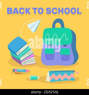 Back to school conceptual illustration with paper airplane, bag, pen and pencil and books.  Stock Vector