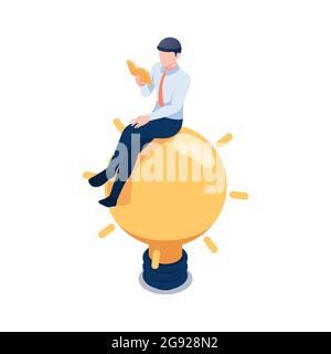 Flat 3d Isometric Businessman Sitting on Light Bulb and Reading Book. Business Idea and Education Concept. Stock Vector