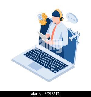 Flat 3d Isometric Male Technical Support Operator Wearting Headset on Laptop Screen. Customer Service and Technical Support Call Center. Stock Vector