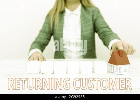 Sign displaying Returning Customer. Internet Concept customer returns again and again to purchase a good A Young Lady Orbusinesswoman Holding Stock Photo