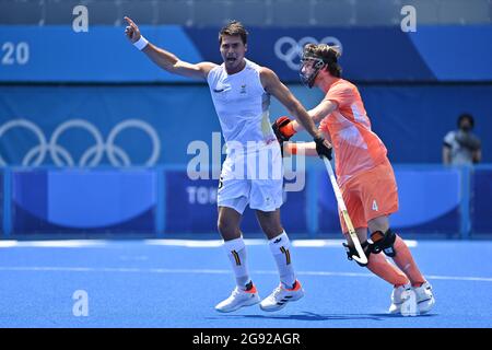 Belgium's Alexander Hendrickx celebrates after scoring during a hockey match between Belgium's Red Lions and the Netherlands, in the first round of po Stock Photo