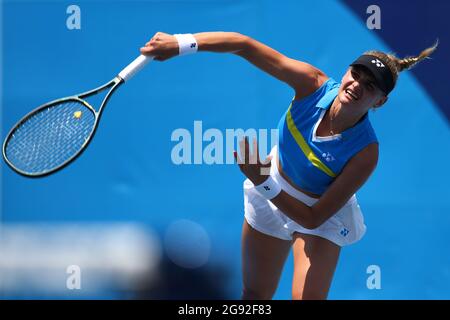 Leylah Fernandez Of Canada In Action Against Tamara Zidansek Of Slovenia During The Second Round At The 2021 Abu Dhabi Wta Women S Tennis Open Wta 500 Tournament On January 8 2021 In