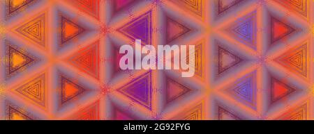 Seamless abstract texture pattern with kaleidoscope effect. Geometric ornament from triangles in purple, red, orange and yellow colors, design for poster, banner, card, wallpaper, background. Stock Vector