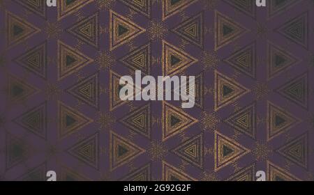 Geometric abstract textured kaleidoscope triangle pattern in gloomy mood, suitable for Halloween. Ornament in dark purple, black and gold for wrapping paper, wallpaper background, package design. Stock Vector