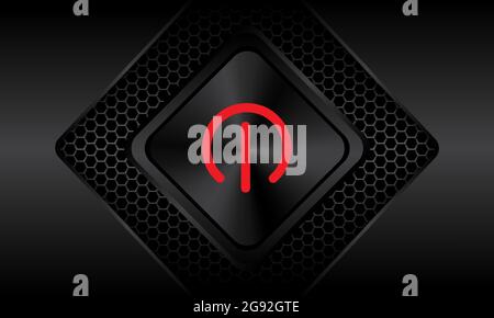 Dark grey metallic square button power red light on hexagon mesh pattern design modern futuristic technology background vector illustration. Stock Vector