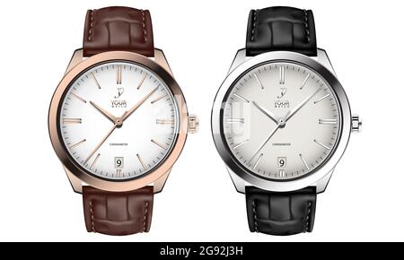 Realistic watch clock gold silver leather strap black brown collection on white design classic luxury vector illustration. Stock Vector
