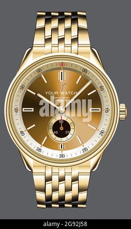 Realistic golden watch clock chronograph design for men fashion on grey background vector illustration. Stock Vector