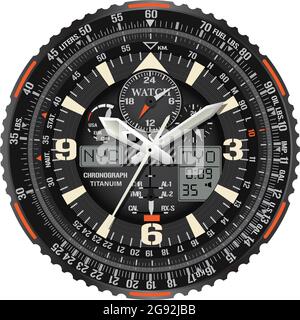 Realistic vector of clock watch chronograph face black metallic white orange text number digital for men luxury on white background illustration. Stock Vector