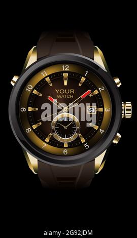 Realistic vector of clock watch chronograph grey steel gold dashboard face white number text design luxury elegance for men on black background. Stock Vector