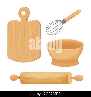 Baking kitchen wooden utensils. Bowl, desk, rolling pin in cartoon style isolated on white background. Vector illustration. Vector illustration Stock Vector