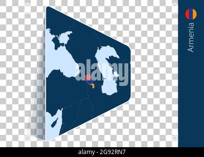 Armenia map and flag on transparent background. Highlighted Armenia on blue vector map. Stock Vector