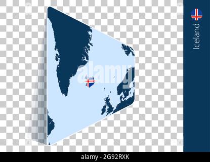 Iceland map and flag on transparent background. Highlighted Iceland on blue vector map. Stock Vector