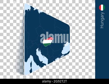 Hungary map and flag on transparent background. Highlighted Hungary on blue vector map. Stock Vector