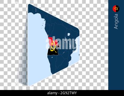 Angola map and flag on transparent background. Highlighted Angola on blue vector map. Stock Vector